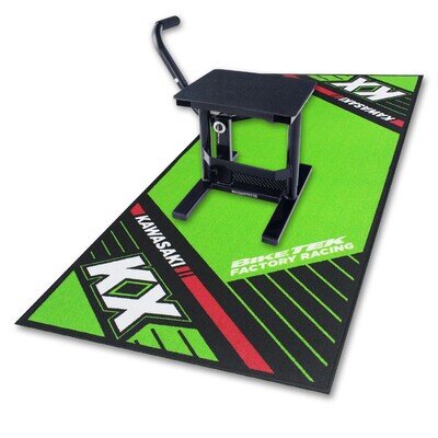 BikeTek Kawasaki KX Motocross Garage Pit Mat + Black MX Paddock Stand