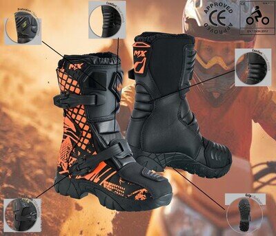 Kids Black & Orange Leather Off - Road Motorbike/Motocross MX Shoes Sports Boots