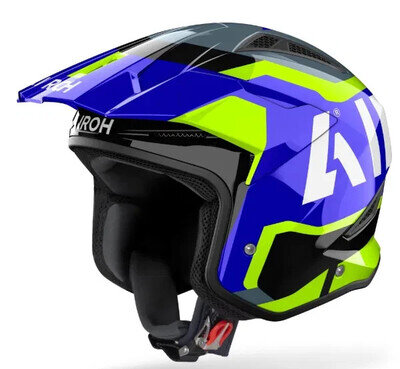 AIROH TRR2 TRIALS BIKE OPEN FACE HELMET. GREAT QUALITY. BLUE / YELLOW ALL SIZES