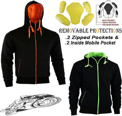 MENS BLACK FLEECE HOODIE REMOVABLE CE ARMOUR MOTORBIKE / MOTORCYCLE JACKET