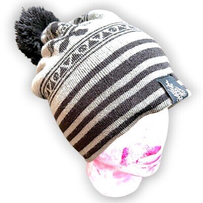 Metal Mulisha Beanie Grey Black Striped Pom Pom Cuffed Knit Hat Motocross FMX