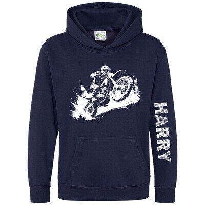 CHILDS Personalised Kids Motocross Fan Hoodie with Dirt Bike Design Custom Na...
