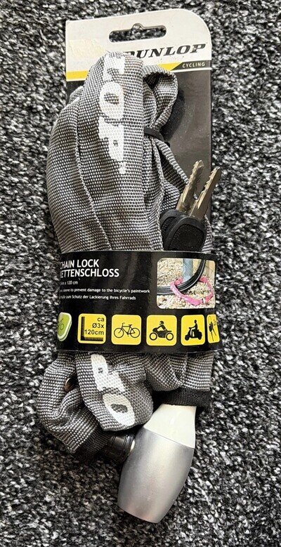 New Bike or Motorcycle Chain Lock Grey 120cm length 3mm steel IncludesTwo Keys