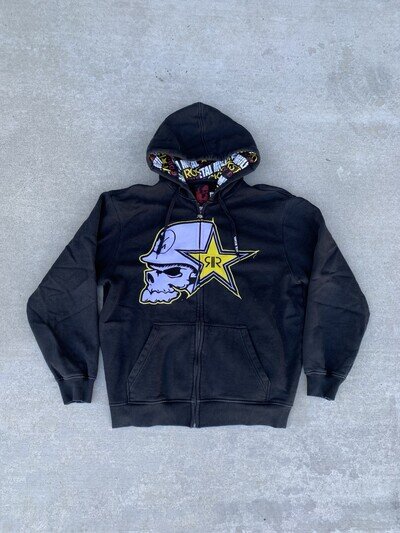 VTG Y2K Metal Mulisha Rockstar Energy Drink Skull Motocross ZipUp Hoodie Size L