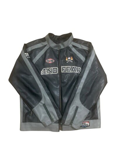 Vintage No Fear Motocross Racing PVC Jacket Black Grey XXL Y2K Biker Retro