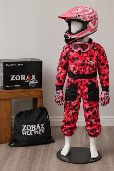 ZORAX Kids Motocross Helmet Race Suit Goggles Gloves Pink 7-8 Years