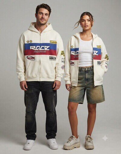 H&M Divided Racer Motocross Full Zip Hoodie White Graphic Sweatshirt Size L