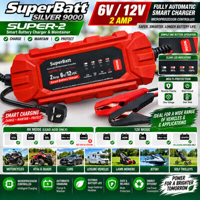 SuperBatt 12V 2A ( 1A ) LFP Lithium STD AGM GEL Smart Motorcycle Battery Charger