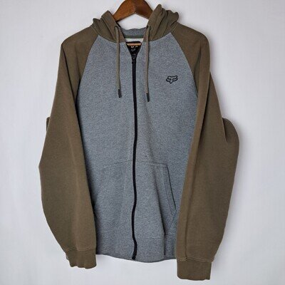 Fox Racing Hoodie Mens Large Gray Brown Full Zip Sweatshirt Raglan Motocross *