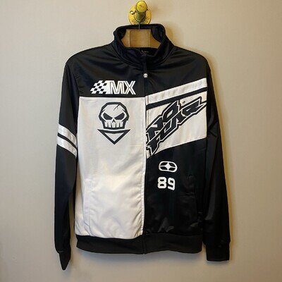 No Fear MX 89 Skull Graphic Black White Motocross Racing Zip Up Jacket Medium