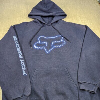 Vintage Fox Racing Hoodie Men XL Y2K Motocross Heavy Cotton Fleece Blue Dirtbike